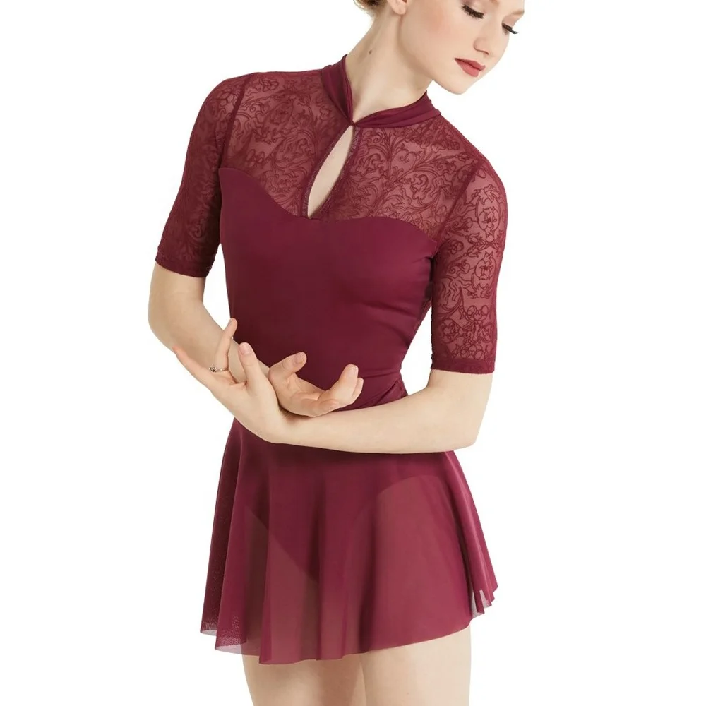 Elegant Lyrical Dance Dress Mock Neck Half Sleeves Leotard Flocked Contemporary Costume for Girls Women More Colors Training