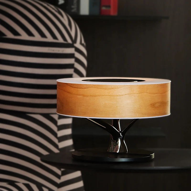 Amazon Dropshipping Trending Products 2024 New Arrival Wooden Smart LED Table Lamp with TWS Wireless Speaker Qi Wireless Charger