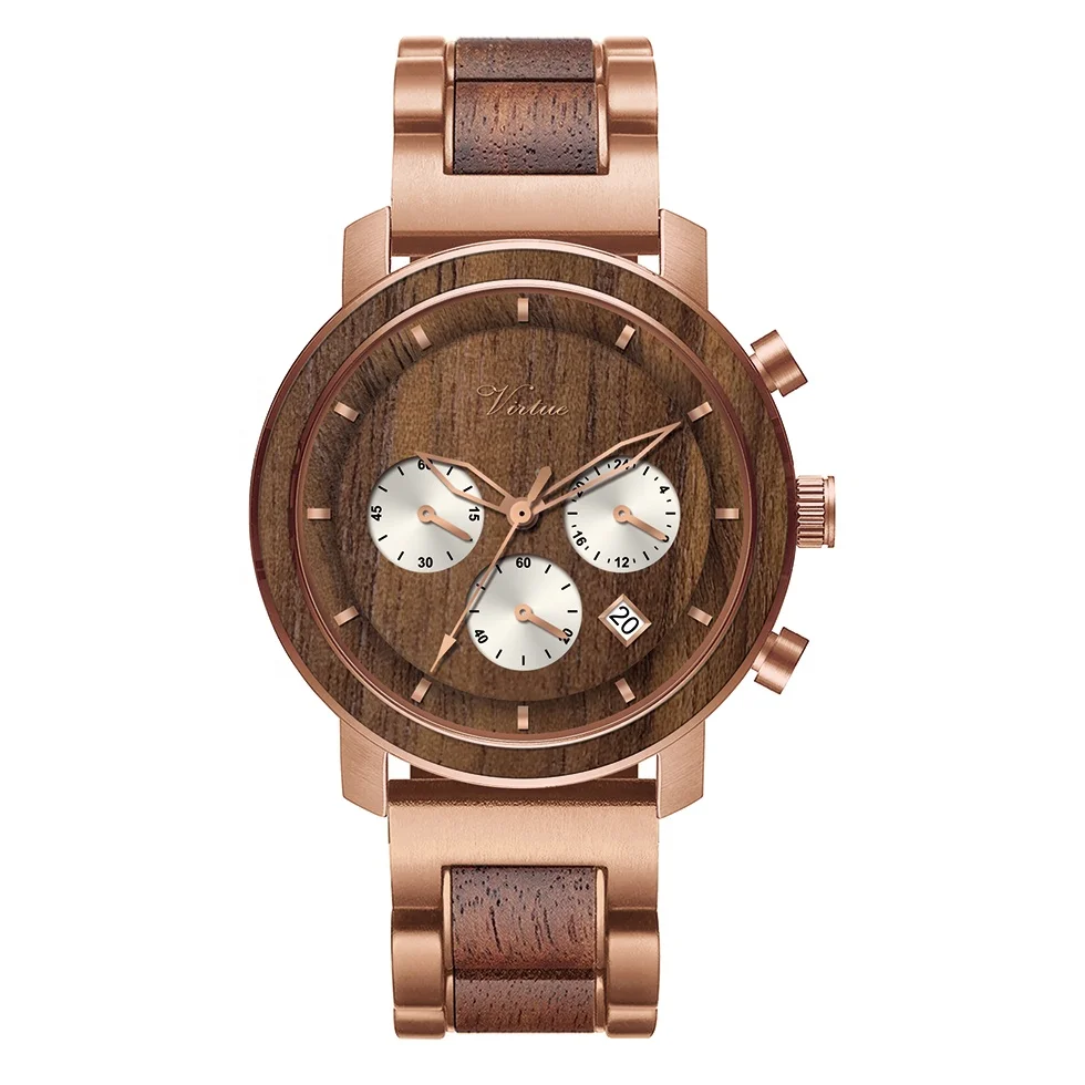  New Original Design Custom LOGO Wholesale Waterproof Luxury Wooden Wrist Watches Chronograph Metal Stainless Steel Wood
