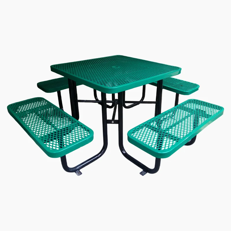 Outdoor commercial metal square picnic table with benches garden furniture steel dinning table outside patio coffee table