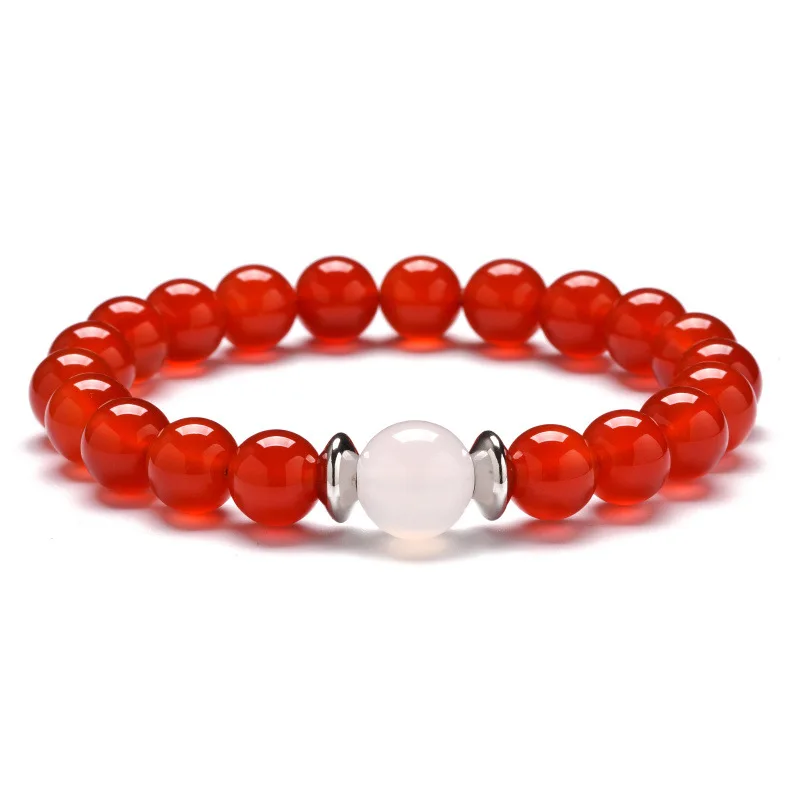 6mm 8mm Natural Black Onyx White Onyx Red Carnelian Agate Stainless Steel Spacer Couple Stone Stretch Bracelet