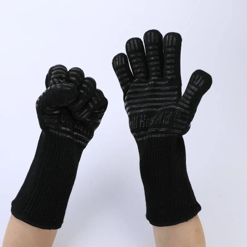 Aramid Fiber Plus Non-slip Silicone Bbq Cooking Glove 1472f Extreme Heat Resistant Black Bbq Gloves Oem