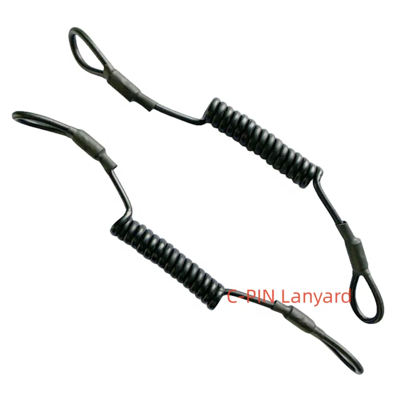 C-PIN 7*7 304 steel wire rope coiled coated black PU with two loop safety tool lanyard For fishing rod