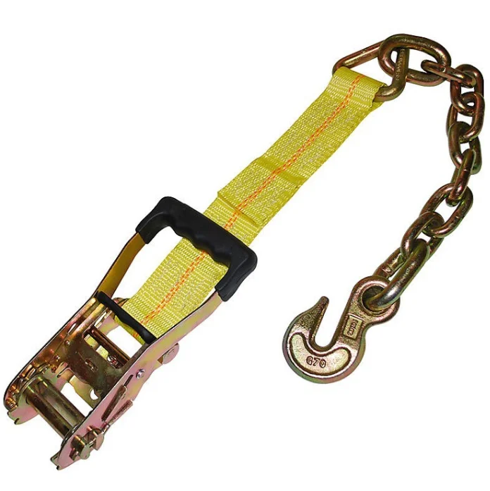 Ratchet Strap With Chain Extensions And Clevis Grab Triangle Ring Cargo Eye Shaped Grappling Hooks Tie-Down