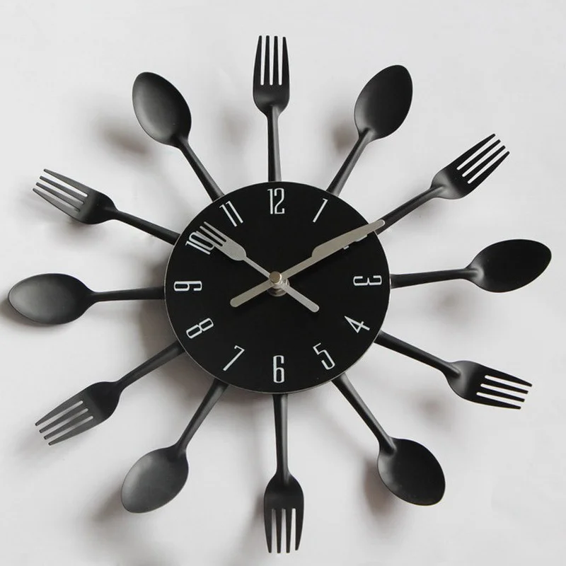 Creative Knife Fork Spoon Decor Metal Wall Clocks For Kitchen