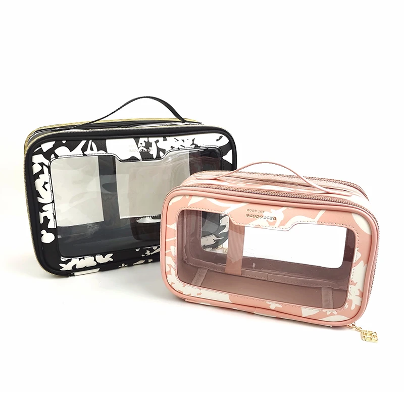 High quality double-side fabric clear transparent pvc makeup cosmetic bags