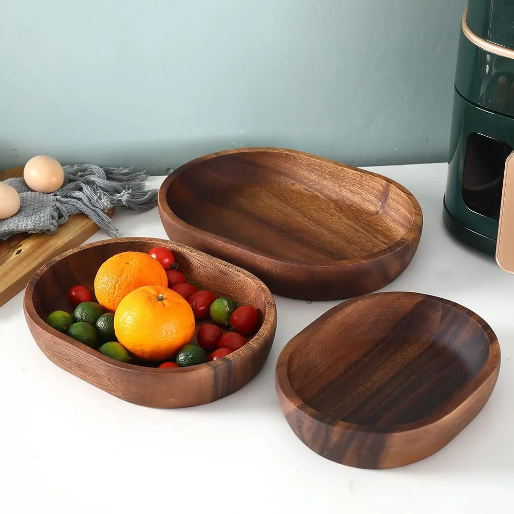 Wooden Salad bowl 3-piece Oval dessert display tray ideal for fruit food salad mixing and serving bowls