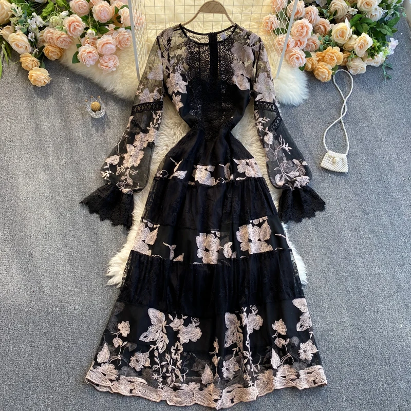 Custom style retro dress round neck long sleeve lace cut out hook flower dress black embroidered dress