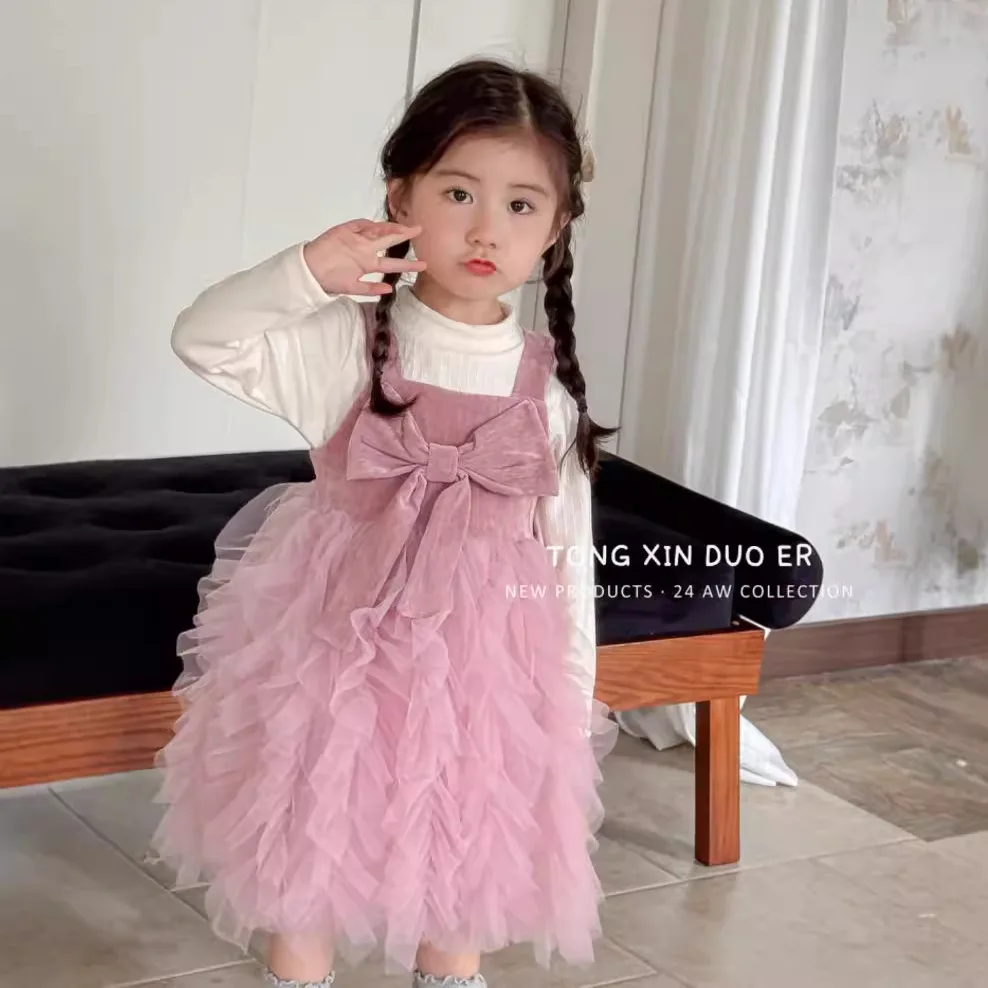 Girls dress 2024 Autumn new fashionable cute pettiskirt little girl Western style two-piece suit cake dress