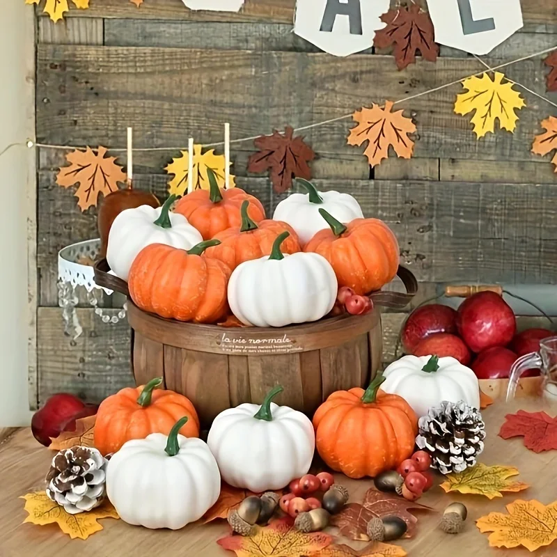 White Orange Artificial Pumpkin Home Decor Halloween Pumpkin Ornament Large Foam Pumpkins with Maple Leaf for crafting