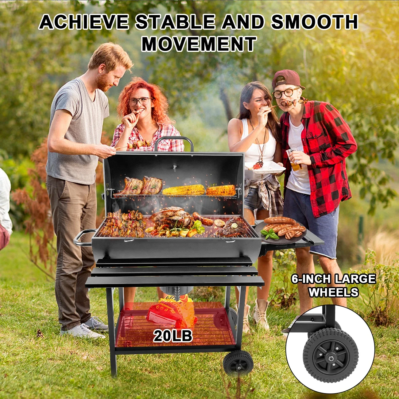 High Quality Smokeless Heavy Duty BBQ Grills Large Charcoal Grill Trolley Barbeque Smoker Rotisserie Barbecue BBQ Charcoal Grill