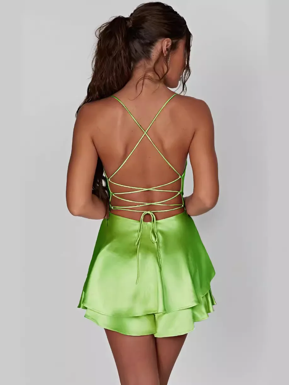 2024 summer new European and American sexy slimming backless solid color halter dress culottes