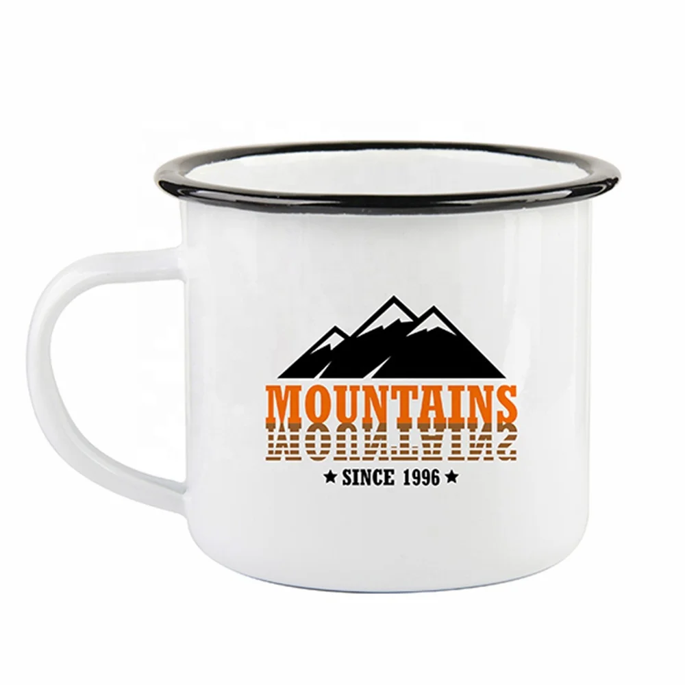 Personalized Sublimation 12 oz / 360ml Campfire Enamel Coffee Mugs White Mug Enamel with Black Rim MEN12-RK