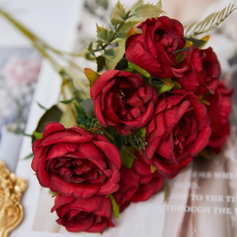 EG-S204 Silk Bouquet Flower Wedding Bridal Royal Blue Rose Bouquet Of Red Roses 9 Heads Rose Bouquet
