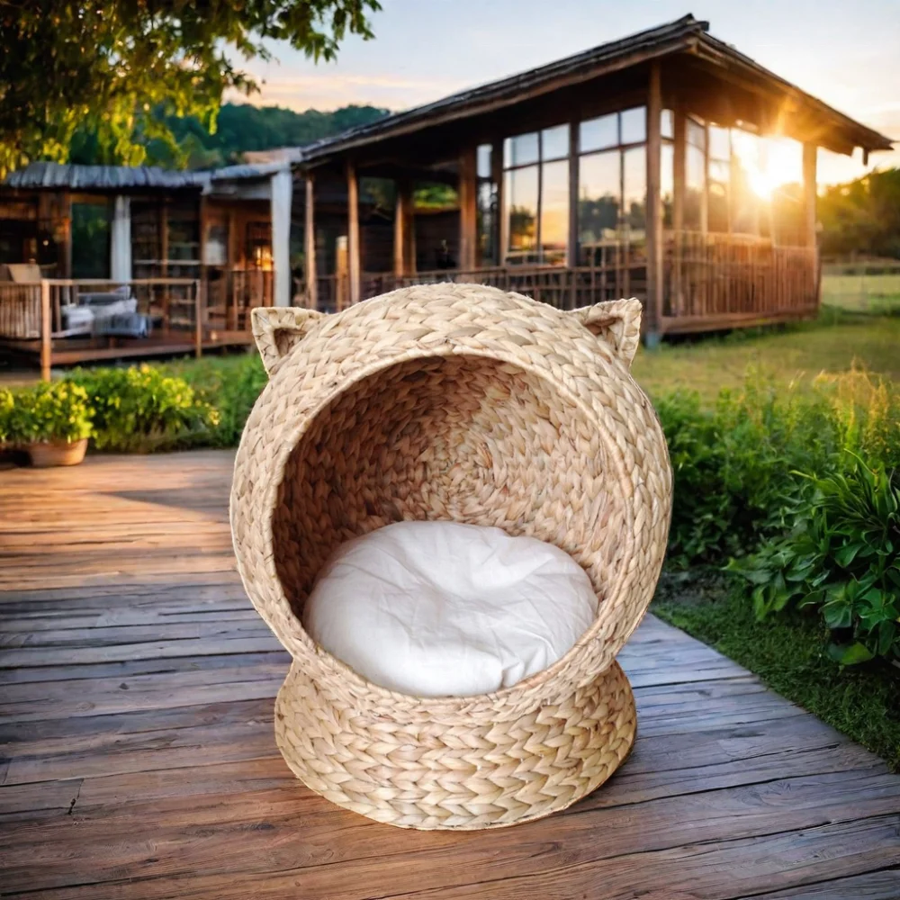 Eco-Friendly Water Hyacinth Pet Bed Iron Frame with Fish Bone Weave and Red White Cushion for Resting Pet Animals