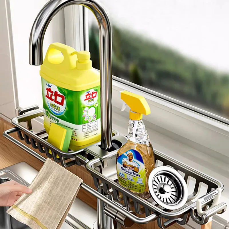 Space Aluminum Kitchen Sink Drain Rack Sponge Storage Faucet Holder Over Faucet Soap Drainer Shelf Faucet Basket Organizer