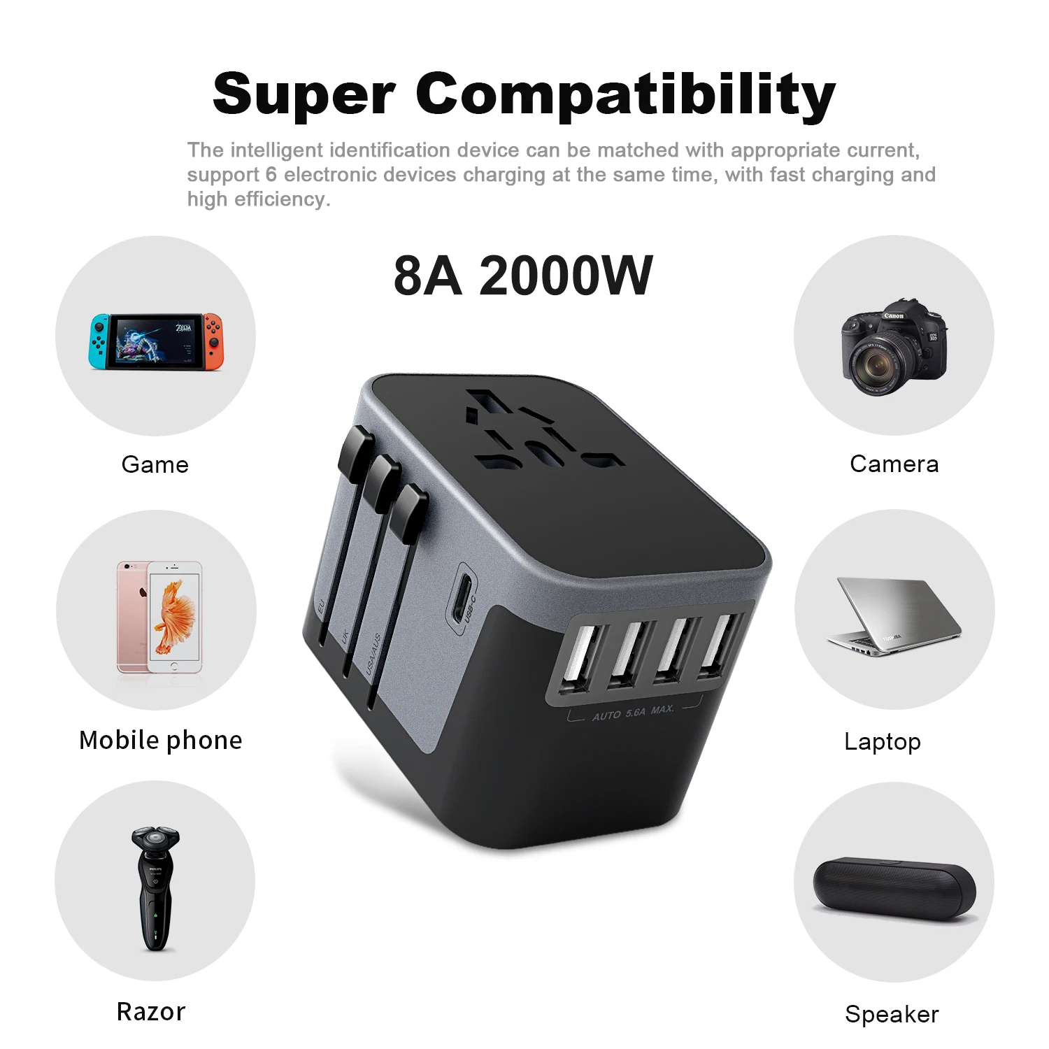 
New Design Portable Travel Adapter 4USB Type c 5600ma Output Multi plug Universal Charger 