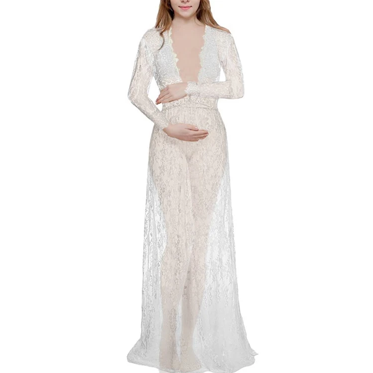 RTS fashion maternity photoshoot dresses elegant deep v lace pregnant women evening dress