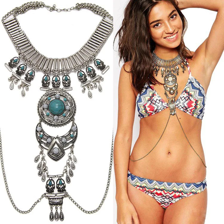 Boho Statement Turquoise Dancer Necklace Crossover Harness Bikini Waist Belly Sexy Body Chains for Women