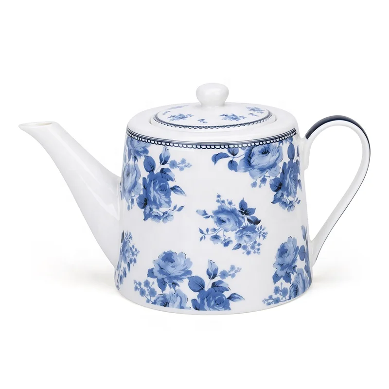 Vintage blue rose customized decorative white and blue drinkware teapot tea set for Gift