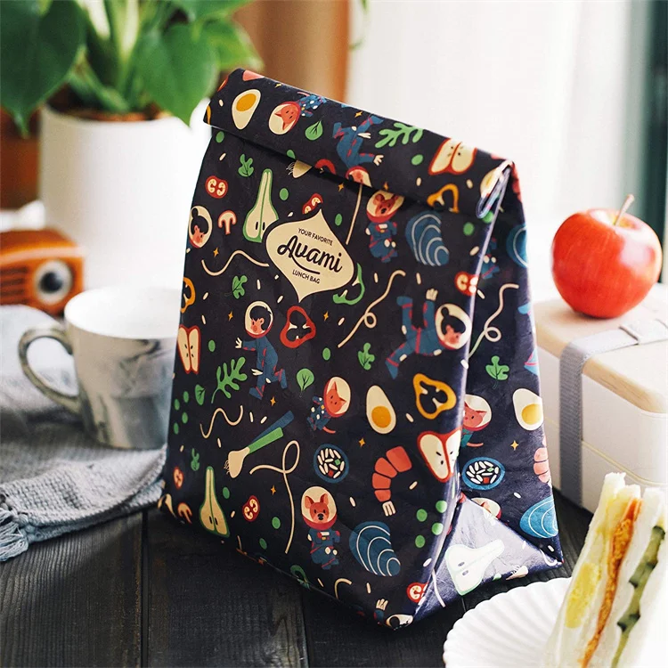Reusable full color UV printing design tyvek custom lunch bag with gift sleeve for fruit food snack box with hidden buckle