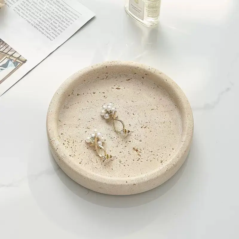 Natural Marble Stone Tray Travertine Beige Round Oval Jewellery Vanity Candles Decorative Storage Tray