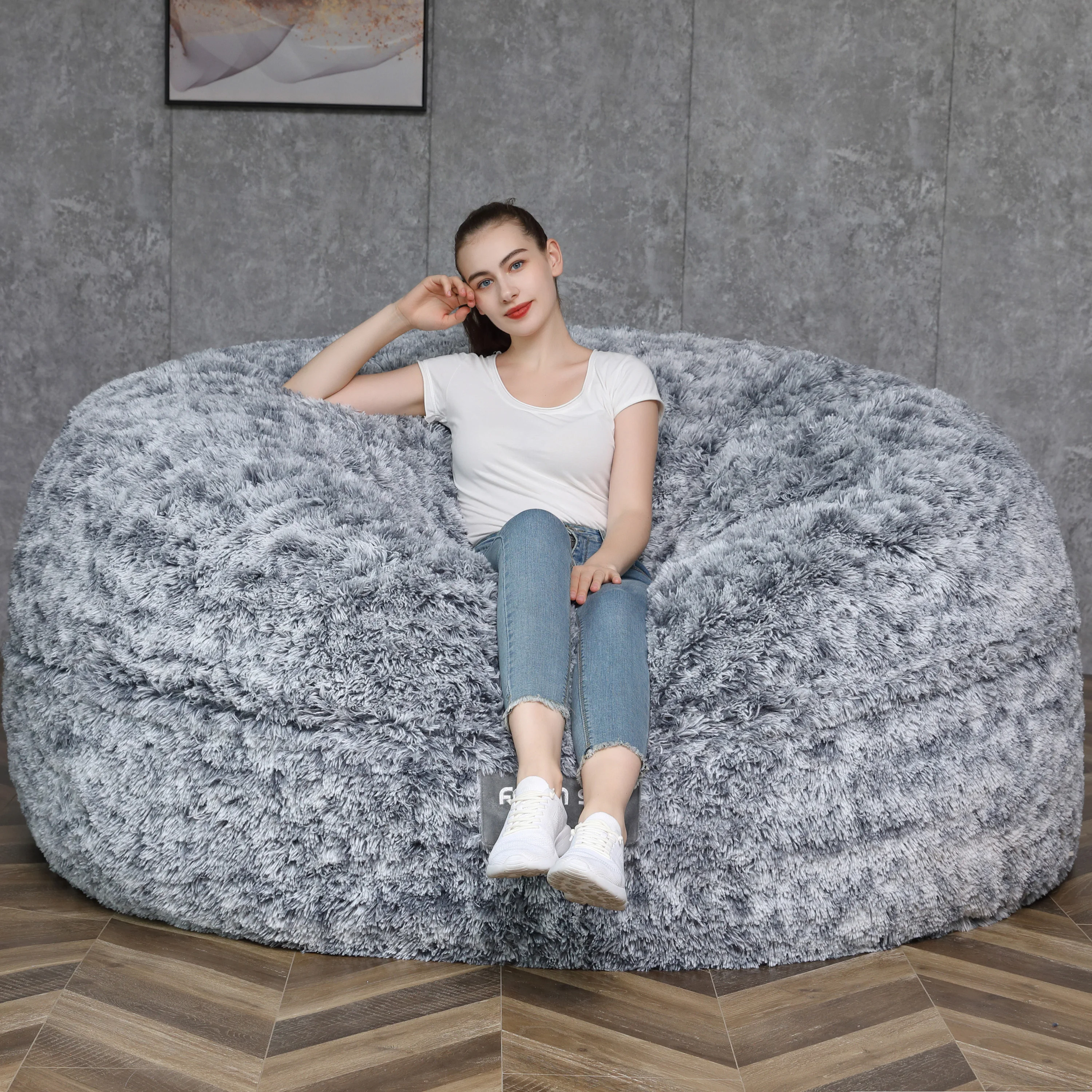 Wholesale Custom sherpa light grey oversize 9ft 7ft 6ft round faux fur large bean bag chair sofa bed