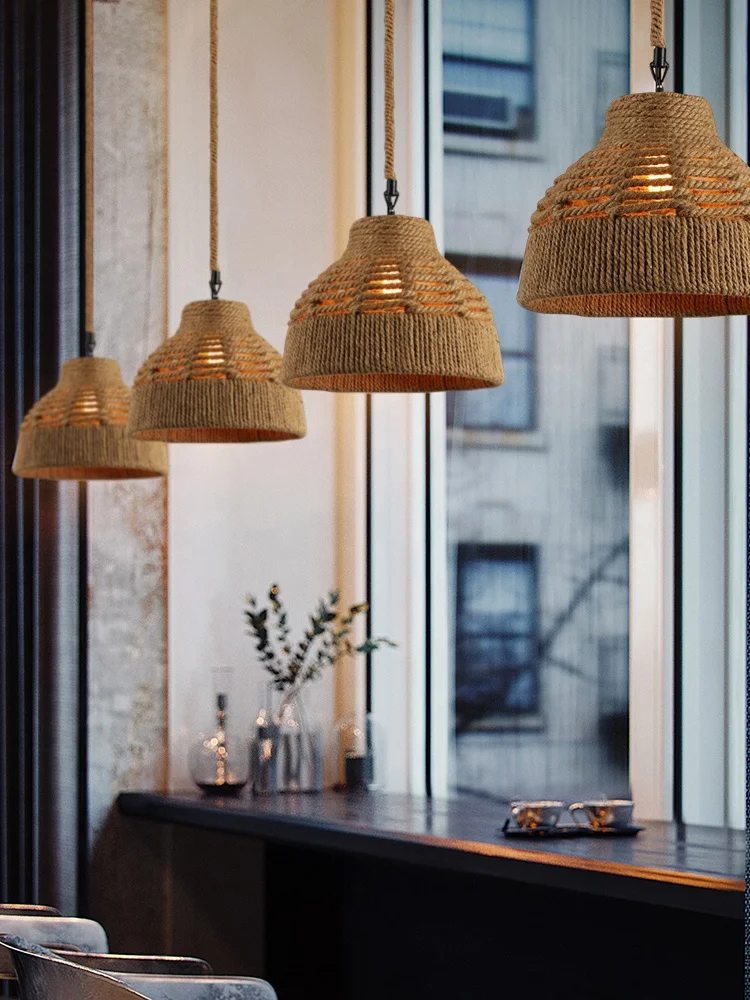 Vintage Industrial Hemp Rope Pendant Light American Country Style Iron Rope Chandelier For Bar Coffee Shop
