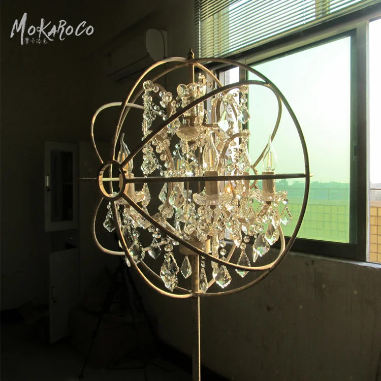 
Foucault gyro globe crystal floor lamp, wrought iron decoration, American country decoration retro white do old floor lamp 