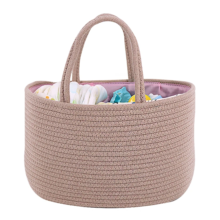 Low MOQ Detachable Colorful Cotton Rope Mommy Nappy Organizer Bin Bag Diaper Storage Caddy with Handle for Home Car or Stroll