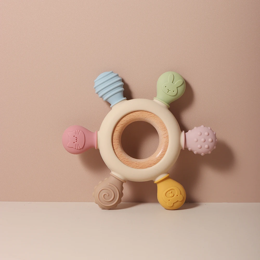 Beech Wood Ring Food-grade Baby Silicone Teether Chewed Baby Rattle Toy Shaking infant teething 3 to 6 month chewable