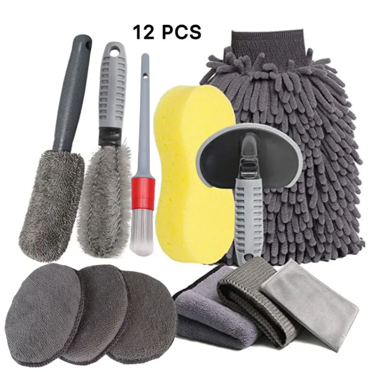 12Pcs Car Grooming Wash Glove Polishing Waxing Sponge Wheel Hub Brush Tire Brush Car Cleaning Microfiber Towel Car Detailing