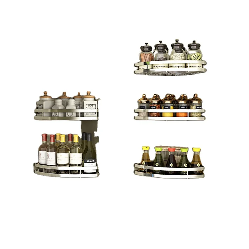 Single Layer Kitchen Rack Wall-mounted Hole-free Corner Seasoning Rack Single-layer Corner Fan-shaped Storage Basket Spice Metal