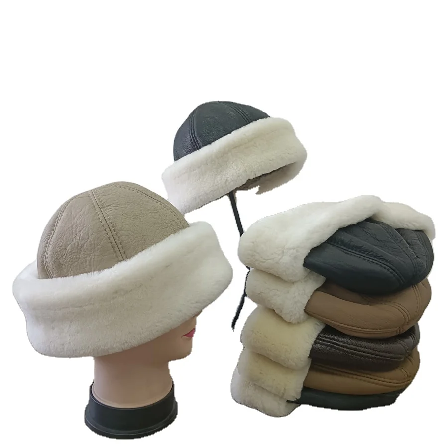 Custom women hats fashion 2023 Sheepskin leather Adult Winter warm luxury lamb wool shearling fur hat unisex 6 panel warm hat