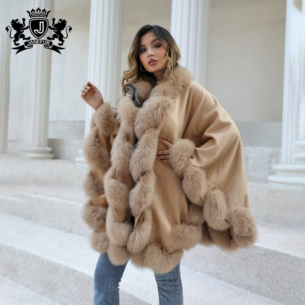 Factory Wholesale Cashmere poncho shawl with fur elegant style cashmere shawl with fur