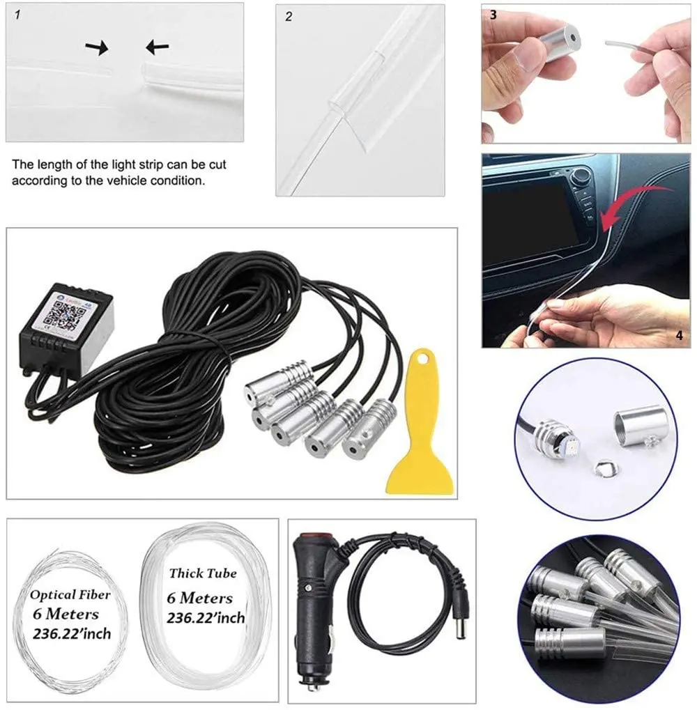 car accessories DIY interior decorative 12V RGB LED fiber car led strips ambient light app decorate atmosphere light Dashboard