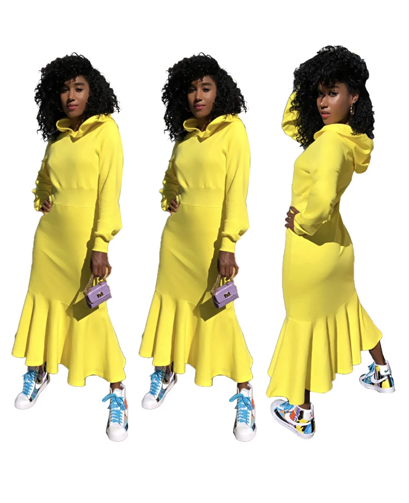 
Women Sweater Winter Women Retro Solid Color Hooded Casual Waist Trimming Thick Women Knit Sweater Fishtail Dress 