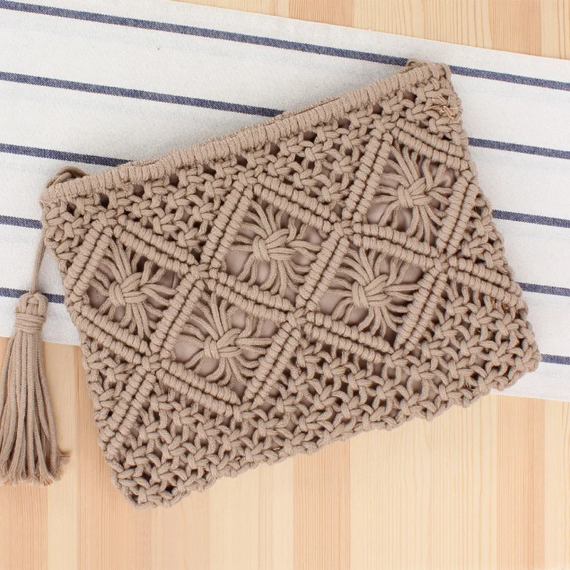 Fashion Vietnam Turkish Thailand Handmade Knitting Bag Crochet Cutout Woven Cotton Rope Bag Handbag Beaded Envelope Clutch Bag