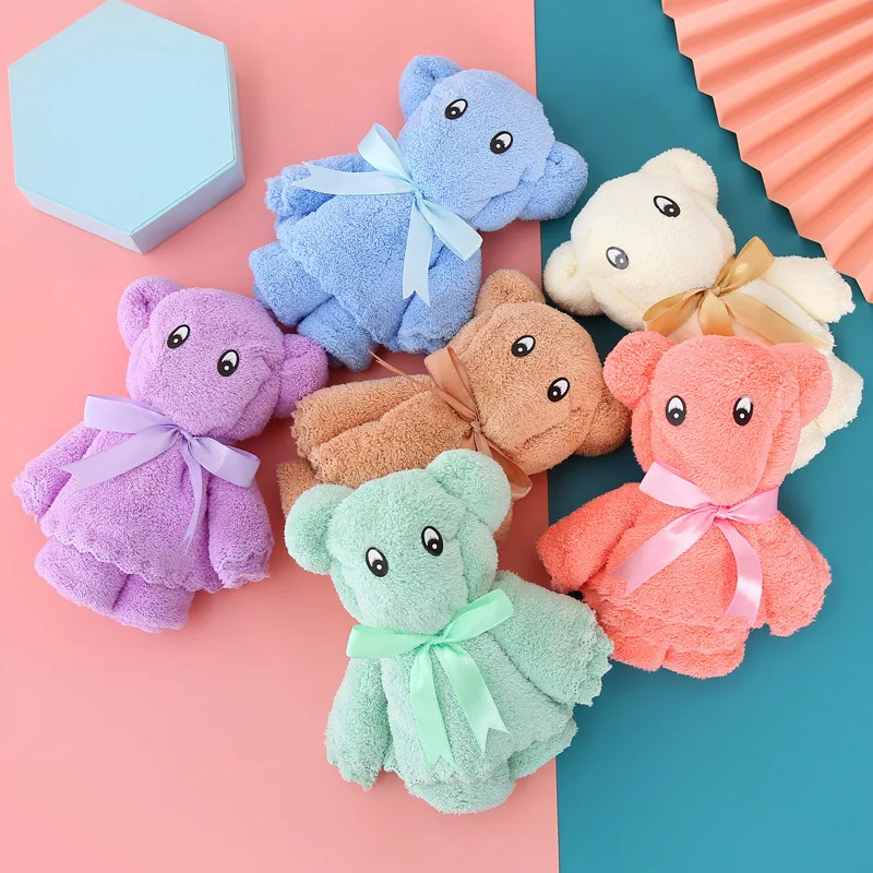 Customized Pink Coral Fleece Towel Solid Color Lovely Bagged Little Bear Towel