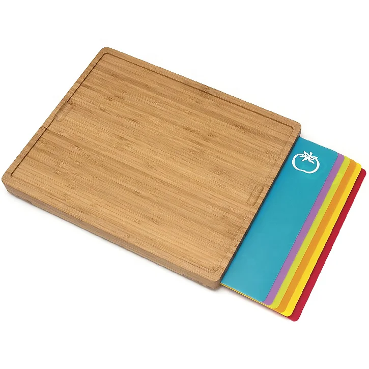 Sample Available Wholesale Easy-to-Clean Bamboo Kitchen Wood Cutting Board and 6 Colored Poly Inlay Mats with Food Icons Set