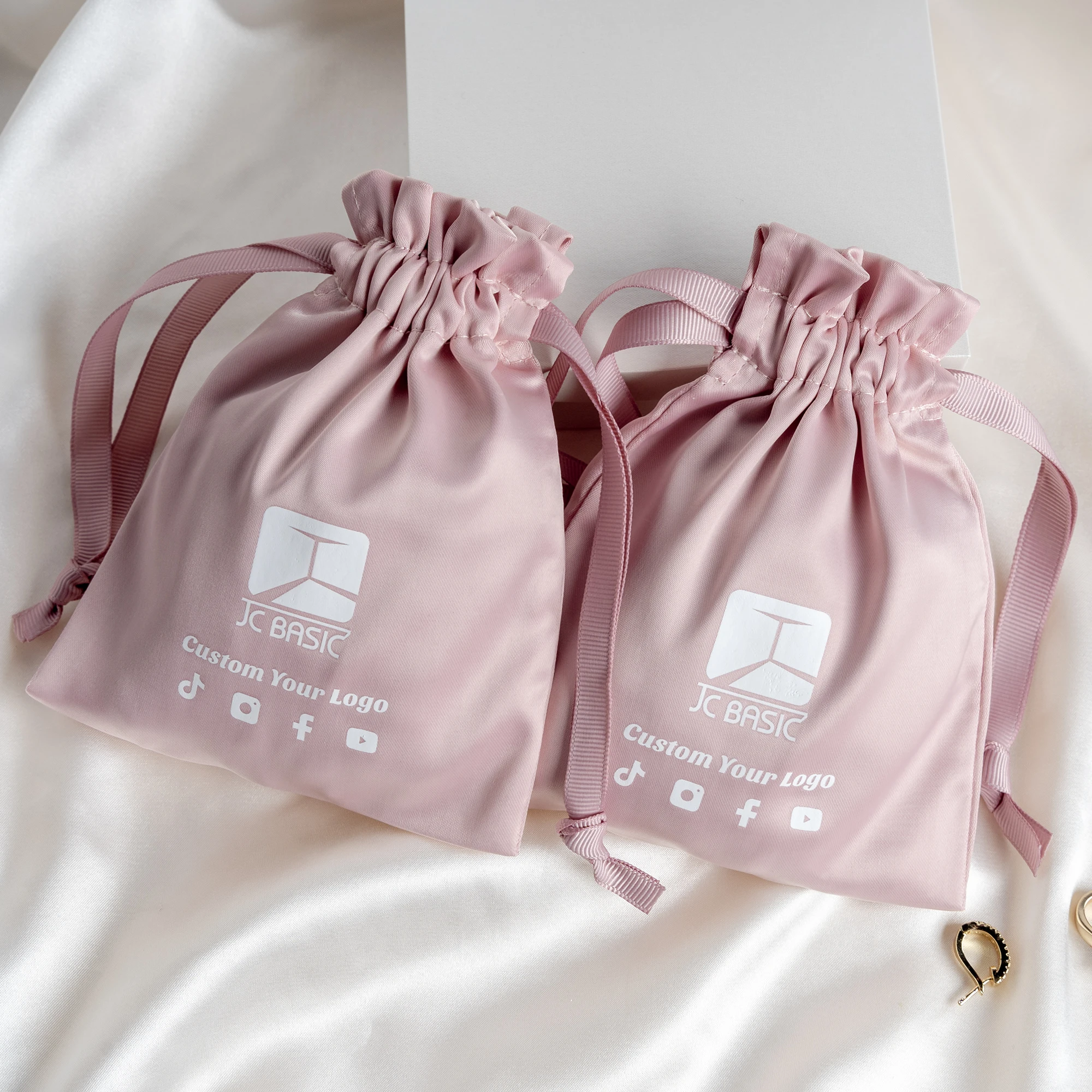 Customized Logo Printed Pink Jewelry Pouch Packaging Satin Drawstring Silk Bags