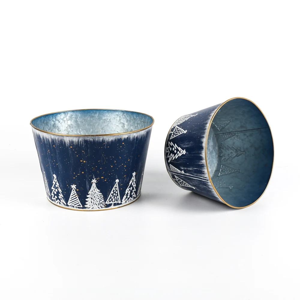 Factory Newest Bulk Sale Christmas Outdoor Decoration Blue Christmas Tree Iron Flower Pot  container  packing/giftpacking