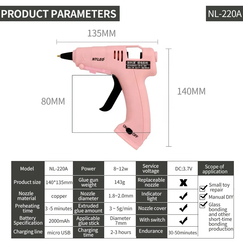 NYLEO Customized 3.7V Home Diy Tools Hand Craft Tools 2022Wireless Hot Lithium Battery Cordless Glue Gun