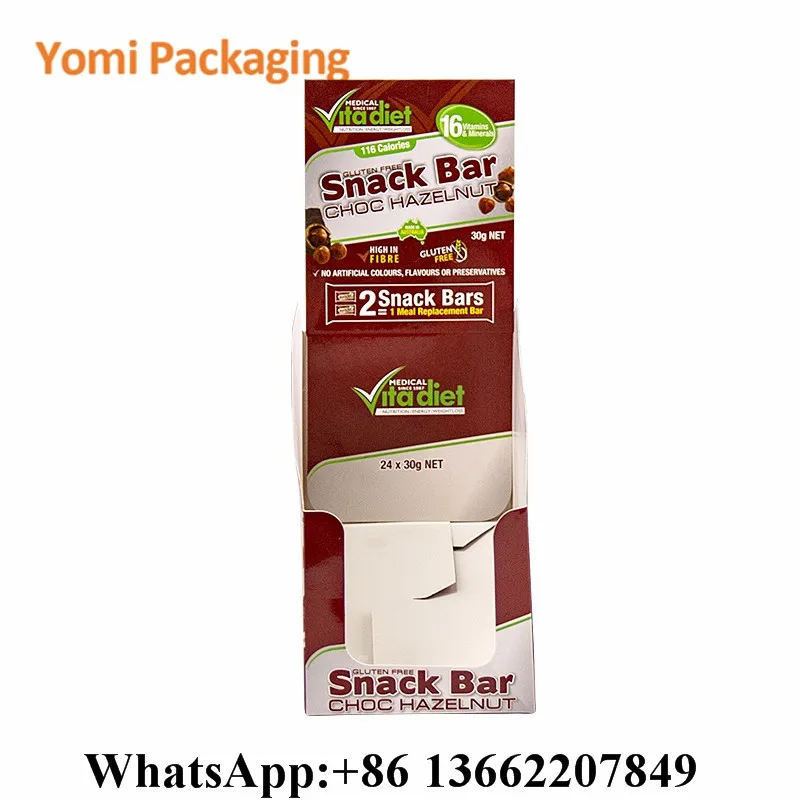 Biodegradable Custom design logo cardboard snack chocolate whey Protein Bar packaging counter display box