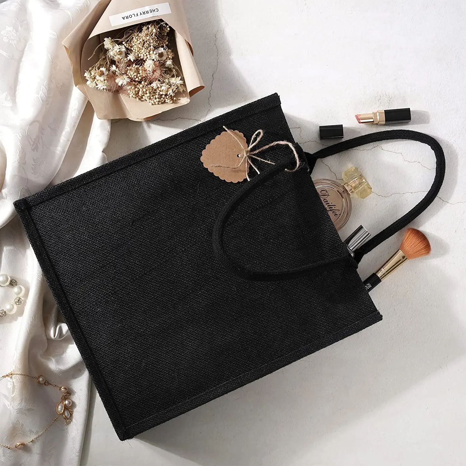 Recyclable foldable portable DIY craft gift bag black linen Jute Shopping Bag jute tote bag