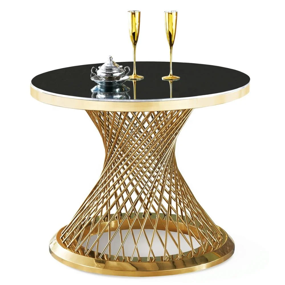 Black color tempered cover golden stainless steel frame round table