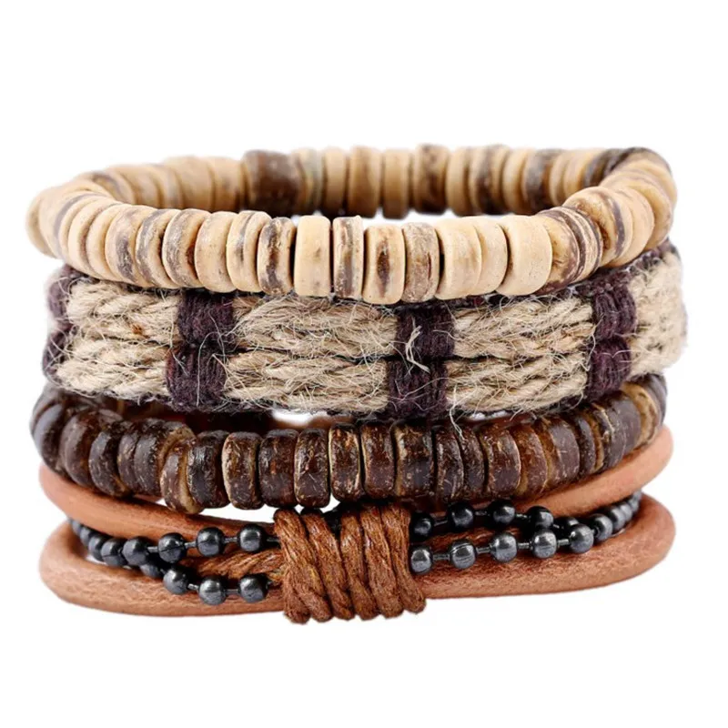 AMOR 2020 Braided Coconut shell MultiLayer  Adjustable Hemp rope leather Bracelet Gifts for Men Women