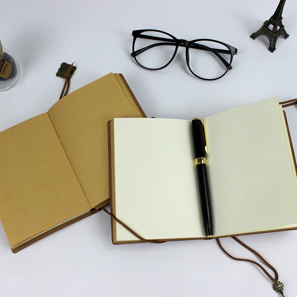 Custom Journal Faux Vintage Travel Dairy Notebook A7 PU Cover Blank Kraft Paper Leather Diaries With Pendant