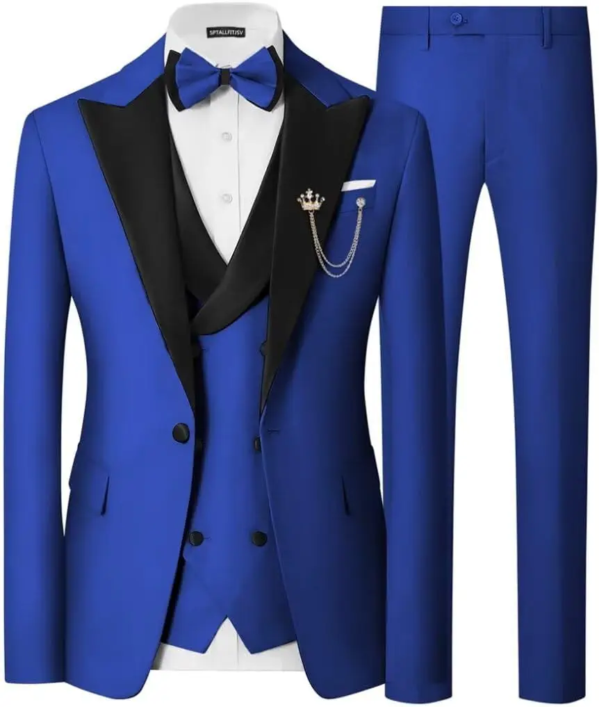 Custom Logo Mens Tuxedo Suit Set Slim Fit 3 Piece Wedding Prom Dinner Tuxedo for Men Double Breasted Suits Set with Bow Tie