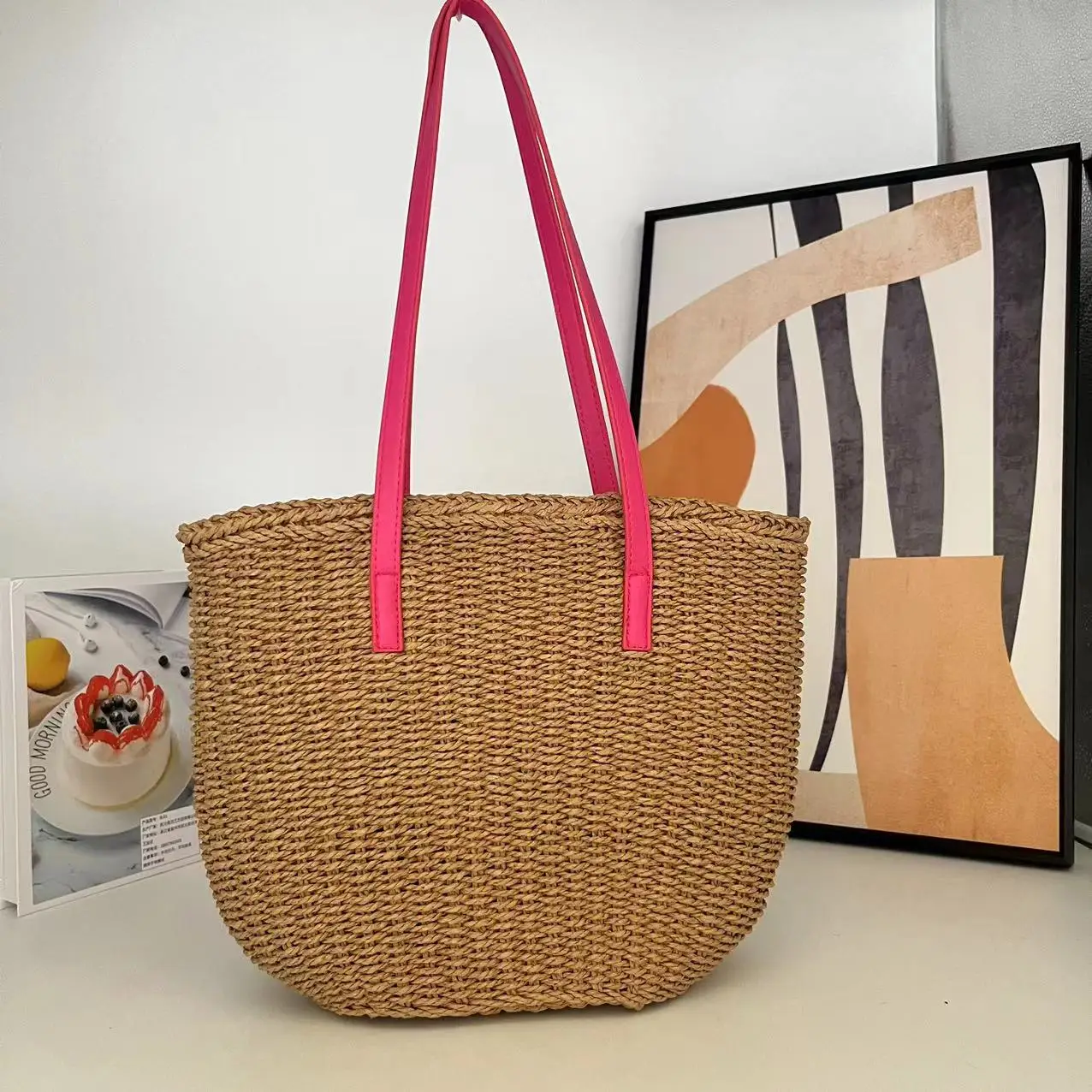 summer pink paper straw woven bag beach shoulder tote women basket handbag clutch purse